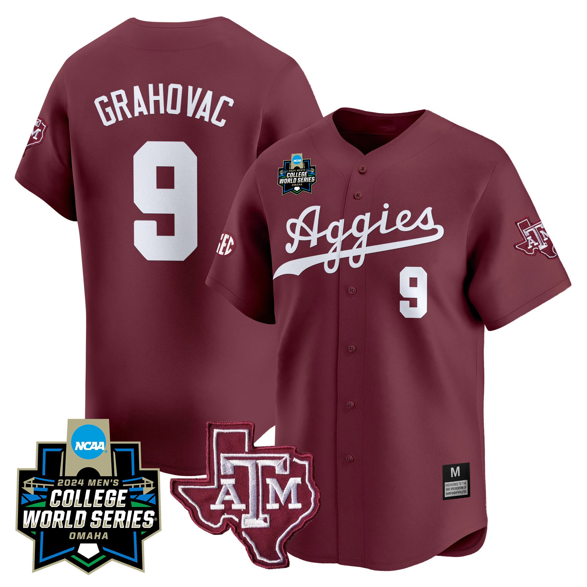 Men Texas A&M Aggies #9 Grahovac Red 2024 College World Series Vapor Premier Limited NCAA Jersey
